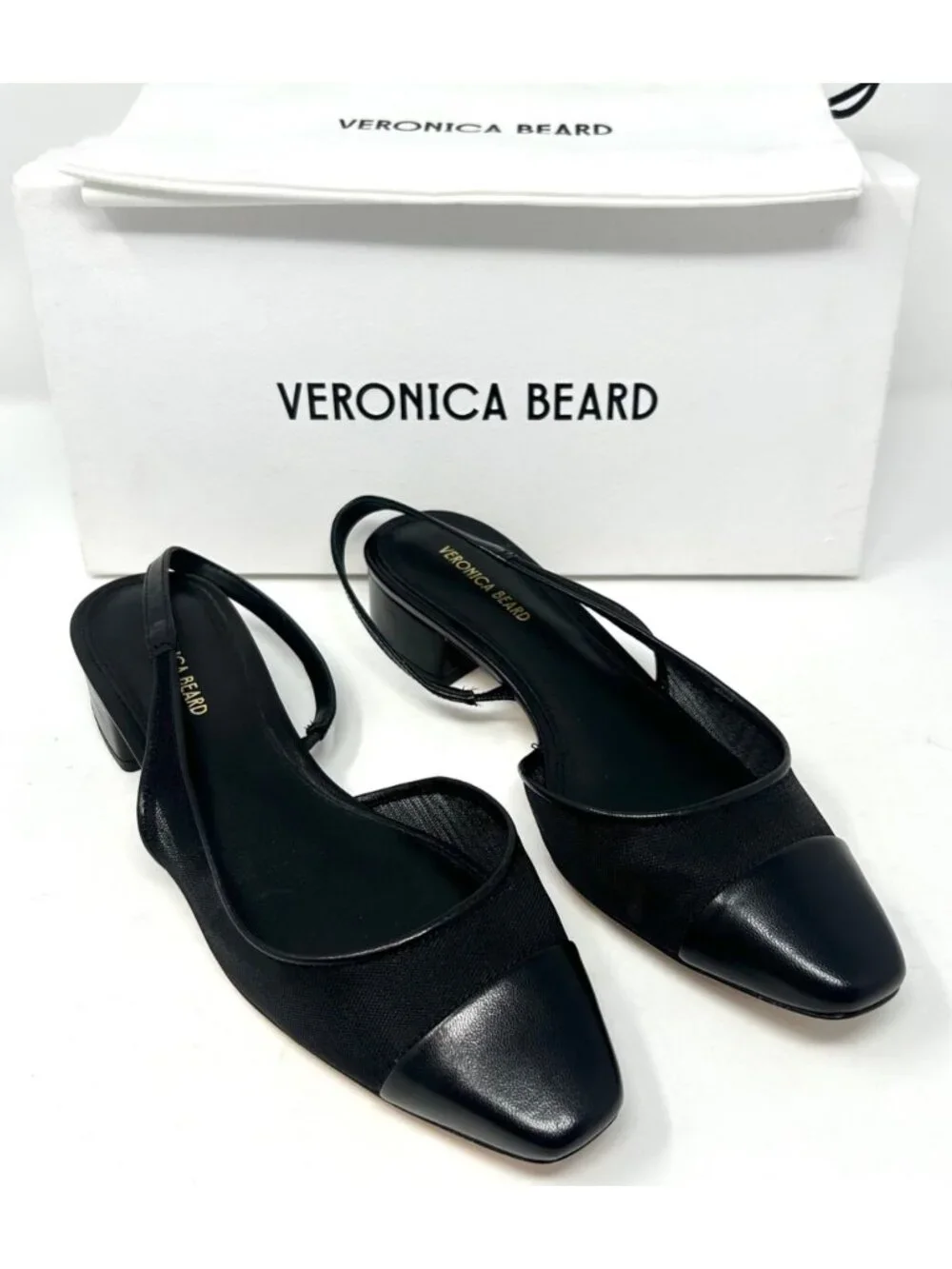 Veronica Beard Cecile Black Mesh Leather Cap Toe Slingback Heels Pumps 6.5M